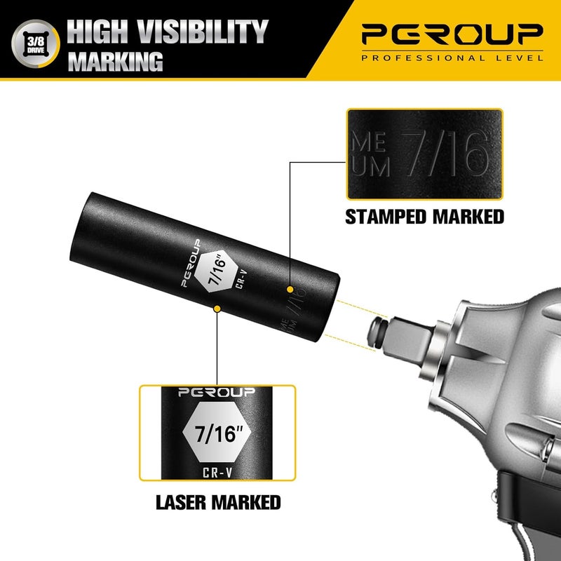 pgroup 3/8” Drive Deep Impact Socket, SAE(7/16 Inch socket), 6-Point, Cr-V Steel With Black Manganese Phosphate Coating - Image 5